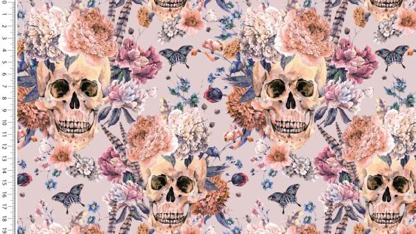 Baumwoll Jersey Druck Totenköpfe mit Blumen auf Altrosa